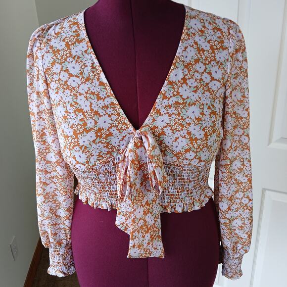 Forever 21 Sheer Floral Crop Top S orange purple festival smocked long sleeves - Picture 7 of 16
